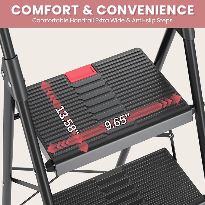 TOOLF 4 Step Ladder Folding Step Stool with Handrail, Heavy Duty Steel Ladder, Anti-Slip Wide Steps, Safe Lock, Portable Ladder for Home Kitchen Garage, Black