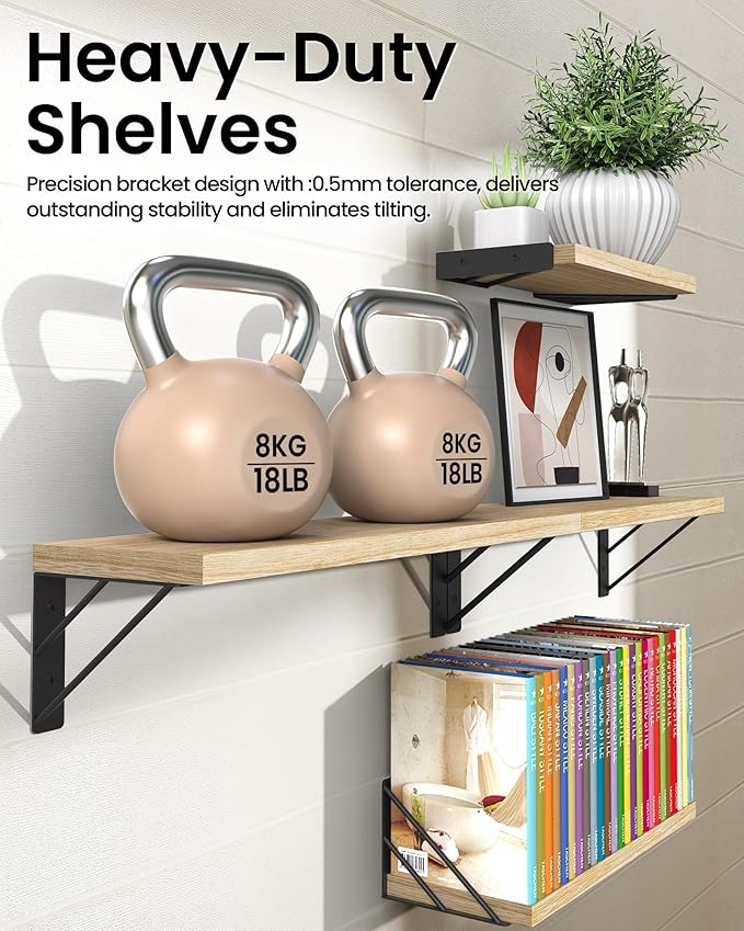 BAYKA Wall Shelves for Bedroom Decor, Floating Shelves for Living Room Kitchen Storage, Wall Mounted Rustic Shelves for Kids Books, Corner Shelf for Bathroom(Carbonized Brown,Set of 4)