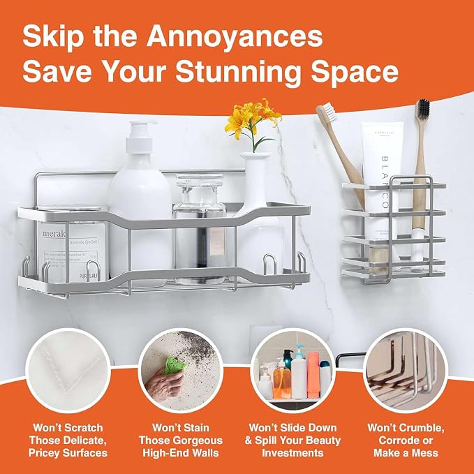 Shower Caddy Bathroom Shelves, The Athena Silken 4 Set, 40LB Capacity, Adhesive Tape No Drill - Rustproof -Gorgeous Powder Coated 304 Stainless Steel Shower Organizer for kitchen & Home Decor - Silver