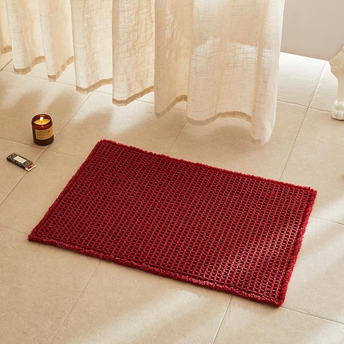 TYUU Waffle Bath Mat, Boho Bathroom Rugs Non Slip Washable Super Absorbent Quick Dry Bath Mat Farmhouse Bathroom Decor, 30"x20" Burgundy