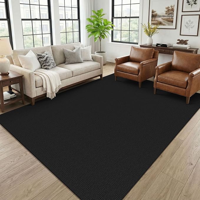 KOZYFLY Black 6x9 Dining Room Rugs, Washable Area Rug for Living Room, Non Slip Rugs for Bedroom, Braided Floor Carpet for Nursery, Office, Cotton Rug Home Indoor Decor, Black/Dark Grey