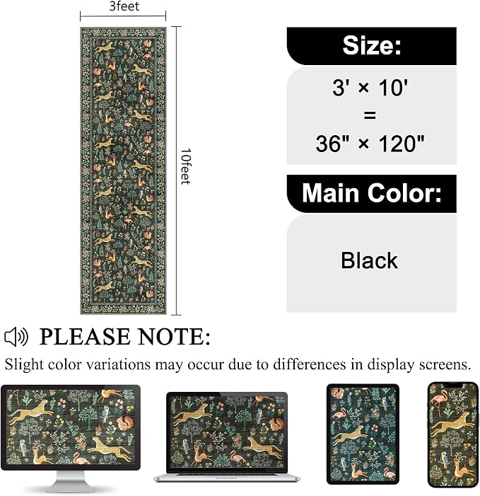 DUKINO 3x10 Washable Runner Rug for Hallway, Lightweight Long Kitchen Rug with Low Pile Design, Vintage Animal Non Shedding Thin Indoor Carpet for Entryway, Bathroom, Bedroom, Laundry Room, Black