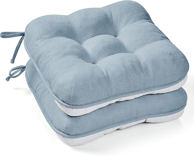 BETU Chair Cushions for Dining Chairs Set of 2,3.5" Thick Kitchen Table Chair Pads with Ties,Non Slip Backing and Covers, Seat Cushion for Dining Room,Bar,Patio Chairs,15.5"X15.5"X3.5",Smoky Blue