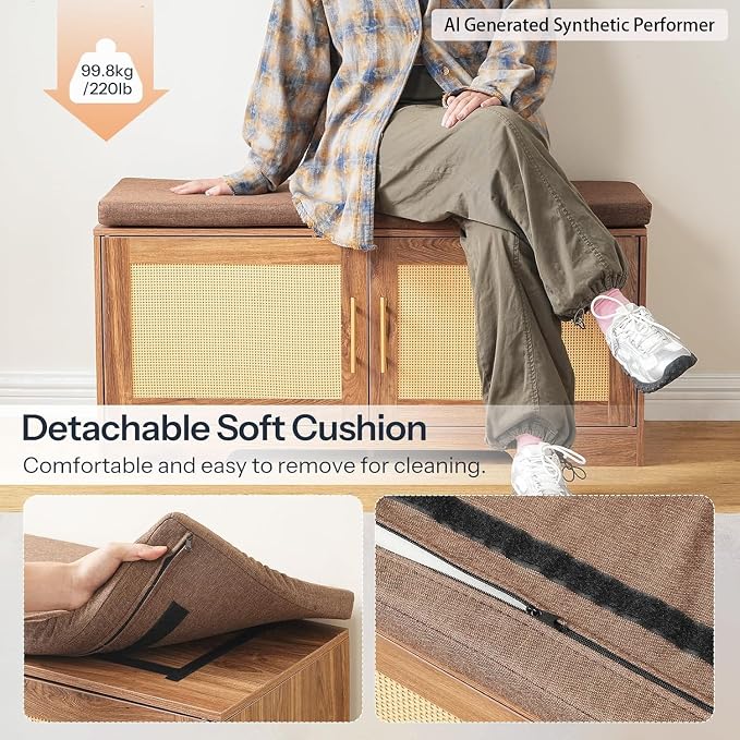 HOOBRO Faux Rattan Shoe Storage Bench with Cushion, Boho Entryway Bench with 2 Doors and Adjustable Shelves, Pet-Proof Hidden Shoe Cabinet for Hallway, Living Room, 39.2" L, Natural, CE53HX01
