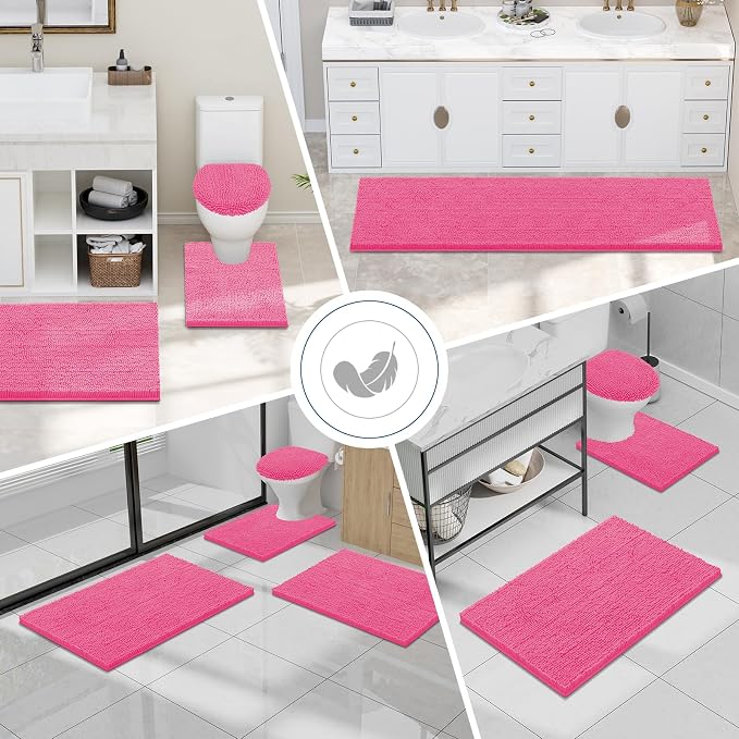 Smiry Luxury Chenille Bathroom Rugs 47x20, Extra Soft and Absorbent Shaggy Bath Mat, Machine Washable, Non-Slip Plush Carpet Runner for Tub, Shower, and Floor, Home Decor Accessories, Hot Pink