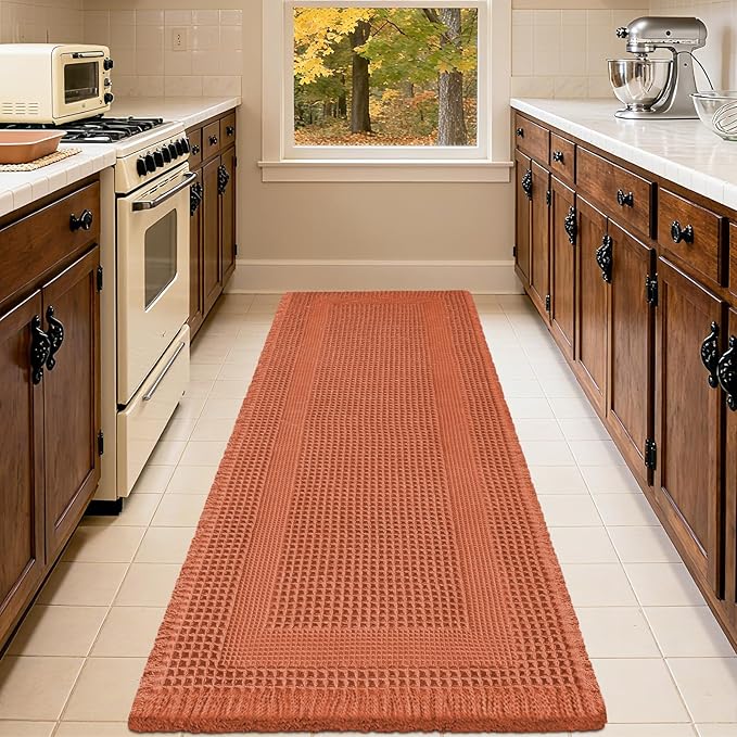 IM HOME Extra Large Waffle Bath Mat, Boho Bathroom Rugs Absorbent Non Slip, Ultra Soft Bathroom Mat, Machine Washable Knit Bath Rugs with Tassels for Bathroom, Bedroom, Kitchen, 6'x2', Burnt Orange