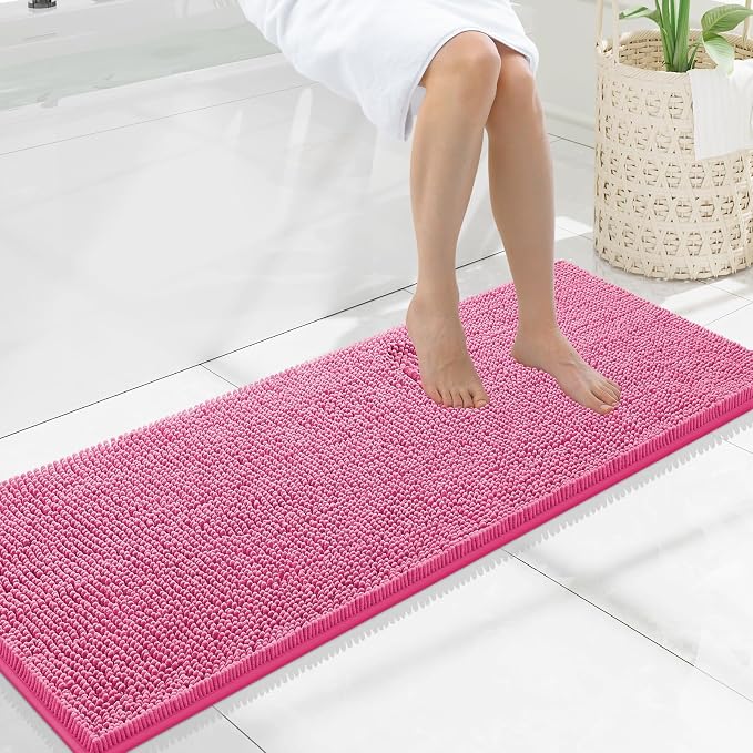 Smiry Luxury Chenille Bathroom Rugs 47x17, Extra Soft and Absorbent Shaggy Bath Mat, Machine Washable, Non-Slip Plush Carpet Runner for Tub, Shower, and Floor, Home Decor Accessories, Hot Pink
