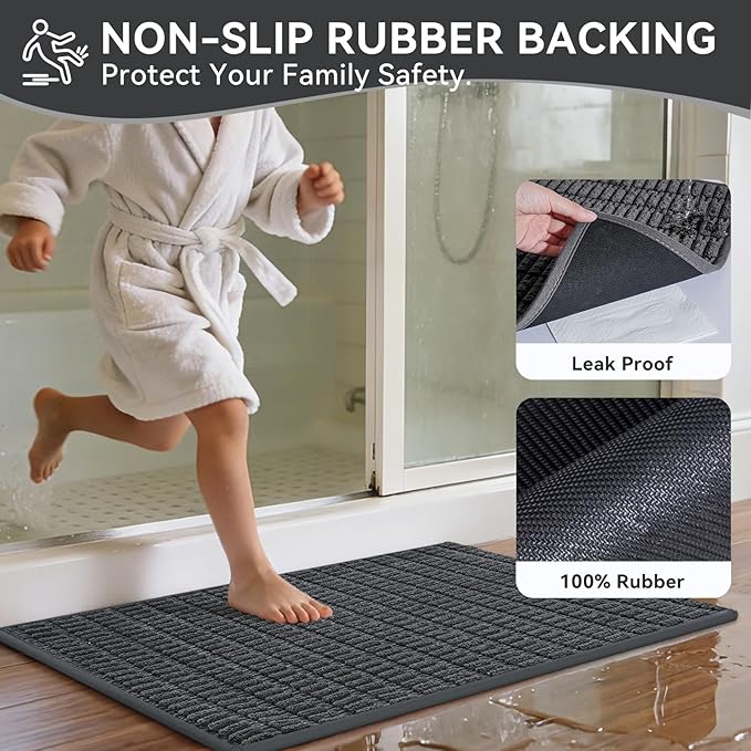 Non-Slip Bath Mat with Rubber Backing, Washable Thin Bath Mats for Bathroom Floor, Absorbent Bathroom Rugs, Quick Dry, Fits Under Door Dark Grey 16x24
