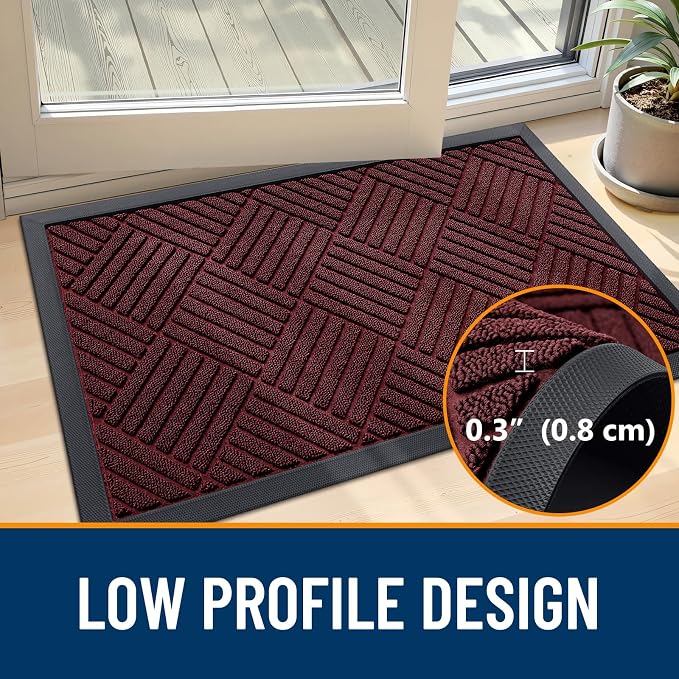 OLANLY Front Door Mat Outside Entrance 47x32, Absorbent, Heavy Duty Sturdy Natural Rubber Doormat Indoor Outdoor, Stain Fade Resistant, Non-Slip Low Profile Floor Mat for Entryway, Burgundy Diamond