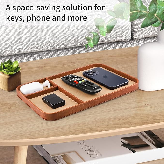 SENEN Leather Tray, Stylish and Organized Multifunctional Tray, for Table Entryway, Premium PU Leather, Catchall Tray for Keys, Watch, Wallet, Jewelry, and More (Brown Frame)