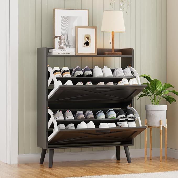 Homleke 32" W Farmhouse Shoe Storage Cabinet with 2 Flip Drawers and Barn Door Design, Adjustable Shelves, Modern Hidden Slim Narrow Shoe Rack Cabinet for Entryway, Foyer, Hallway, Living Room, Black