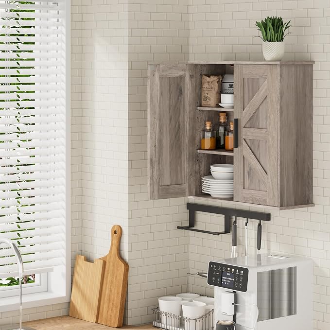 Homleke Bathroom Wall Cabinet, Over Toilet Storage Cabinet with Barn Doors and Adjustable Shelves, 3-Tier Medicine Cabinet Wall Mounted, for Bathroom, Kitchen, Entryway, Laundry Room, Greige, (7.9" D)