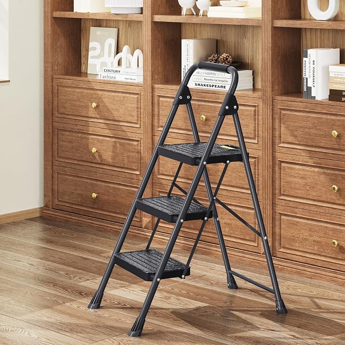 TOOLF 3 Step Ladder, Sturdy Steel Step Stool with Anti-Slip Wide Pedals, Handrail, Safe-Lock Design, Folding Portable Ladder for Multi-Purpose, Home, Kitchen, Pass 800lbs Load Testing, Black