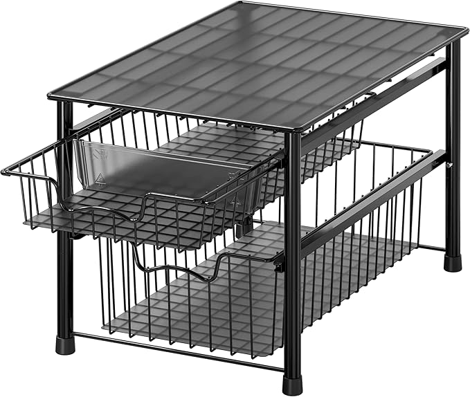 Simple Houseware Stackable Sliding Basket Organizer Drawer, Black, 2-Tier