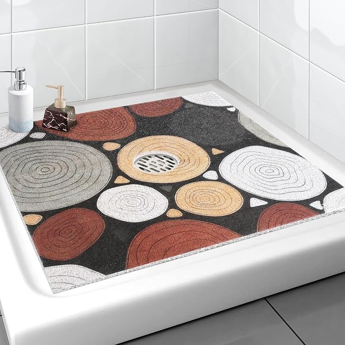 Square Shower Mat, Yonala 27 x 27 Inch Stylish Non Slip Shower Mats for Inside Shower with Central Drain Hole, Soft Trimmable PVC Loofah Anti Slip Shower Mat for Walk in Shower Stall, Quick Drying