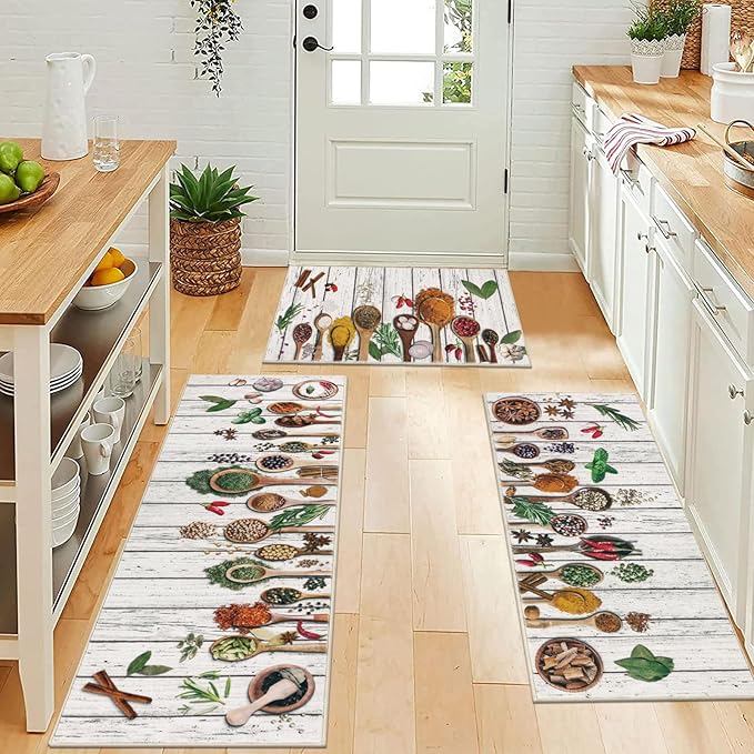 Vaukki Boho Kitchen Rug Sets 3 Pieces, Washable Kitchen Mats for Floor, Non Slip Soft Kitchen Area Rug Floor Mat for Kitchen, Laundry Room and Hallway (Spice-Wooden, 20''x32''+20''x47''+20''x59'')