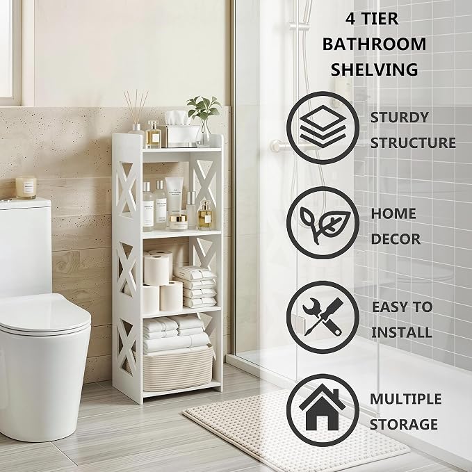 Small Bathroom Storage Corner Shelf, Waterproof PVC Narrow Floor Stand, Slim Gap Filler Organizer for Toilet Side, Laundry Room, Shower, Kitchen Spice Rack, White Restroom Holder (4-Tier)