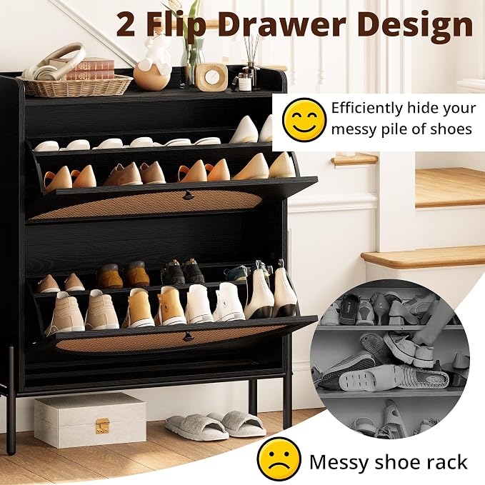 IRONCK Shoe Cabinet Storage with 2 Flip Drawers, Free Standing Wooden Shoe Storage Organizer Cabinet with Rattan Doors for Entryway, Narrow Shoe Rack Cabinet, Black