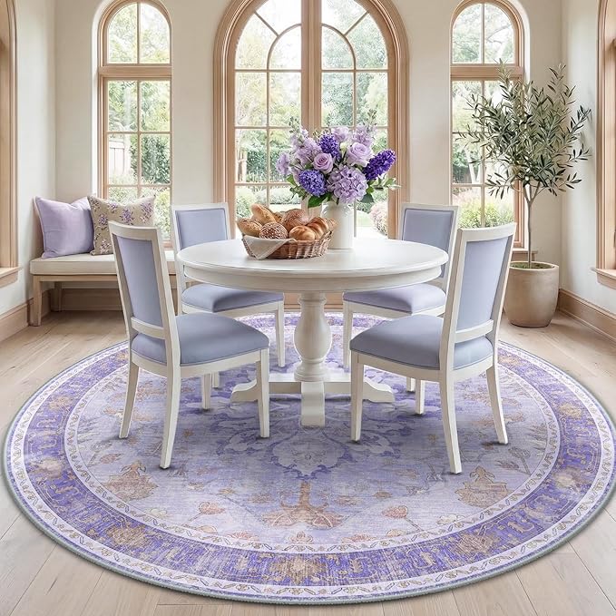 RELEANY Area Rugs Round 7ft Washable Non-Slip, Floral Vintage Distress Medallion Carpet for Living Room Bedroom Dining Room, Light Purple Brown