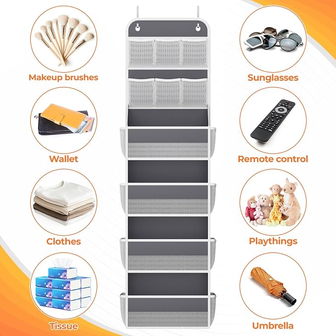 SpaceHacks 6-Tier Over the Door Organizer with Mesh Pockets, Baby Nursery Storage for Closet, Bathroom and Bedroom, Adjustable Hanging Closet Organizer for Cosmetics, Books and Essentials (Dark Grey)