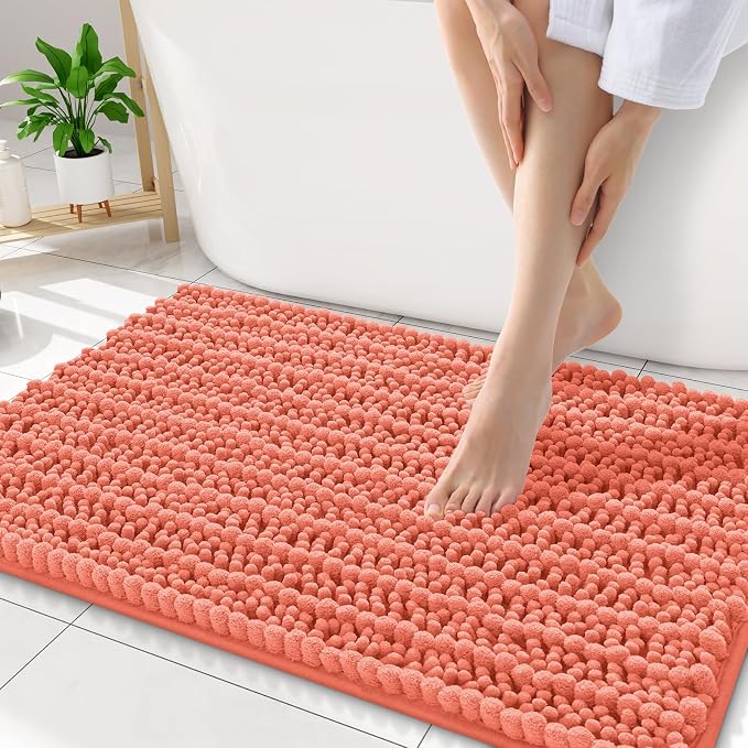 Smiry Bathroom Rugs Mat 34x21, Extra Soft Absorbent Chenille Bath Rugs, Non Slip Rubber Backing Machine Washable Quick Dry Bath Mats for Bathroom Floor, Tub, Shower, Home Decor Accessories, Coral