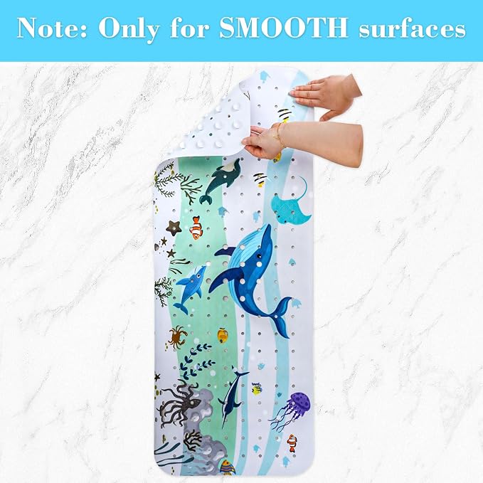 Secopad Bath Mat for Tub Non Slip, Machine Washable Anti-Slip Cartoon Baby Bathtub Shower Mat with Drain Holes and Suction Cups for Toddler & Kids (40 Inch x 16 Inch-Rectangular, Blue Dolphine)