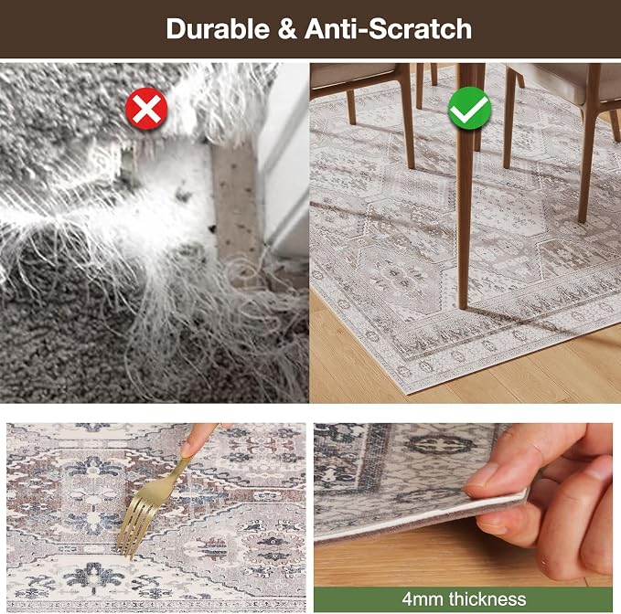 Floor Mat for Home 5×7ft, Easy Clean Plastic Rug-Like Pattern Area Mat for Living Room, Waterproof Vinyl Area Rug for Under Kitchen Table, No Slip Soft Vintage Rug for High Traffic Area (White)