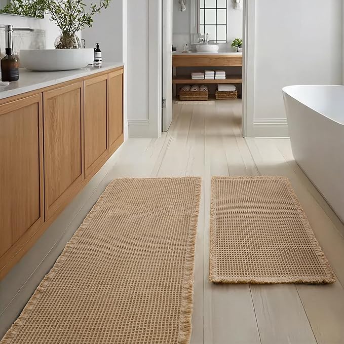 JIUZHEN Set of 2 Waffle Bath Mats Non Slip Waffle Bathroom Runner Rug Washable Boho Runner Bath Rugs Super Absorbent Shower Mat for Bathroom Kitchen Hallway Laundry, 20" x 32" +24" x 60", Brown