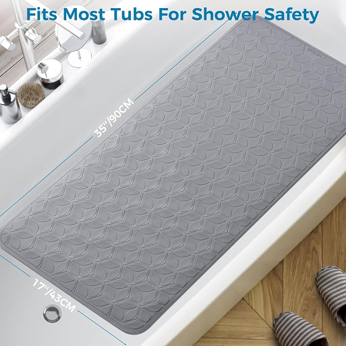 Bathtub Mat Non Slip with Suction Cups - 100% Rubber Bathroom Mat Textured for Bath Tub Shower Safety - Soft on Touch - BPA/PVC Free - Pet Dog Bath Mat - Machine Washable - 17 × 35 Inch（Gray）