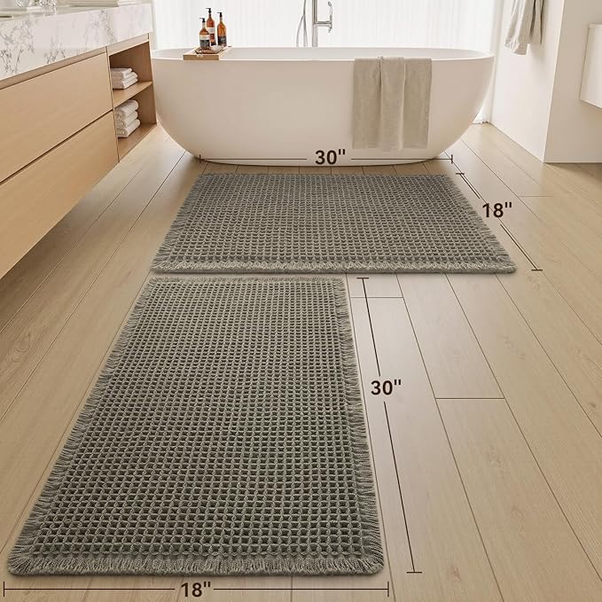 Upgraded Waffle Bath Mats Set of 2, Super Absorbent Non Slip Bath Mats for Bathroom Floor, Washable Boho Bathroom Rugs Set 2 Piece with Tassels, Soft Bathroom Mat Set, 18" x 30" (2 Pack), Green