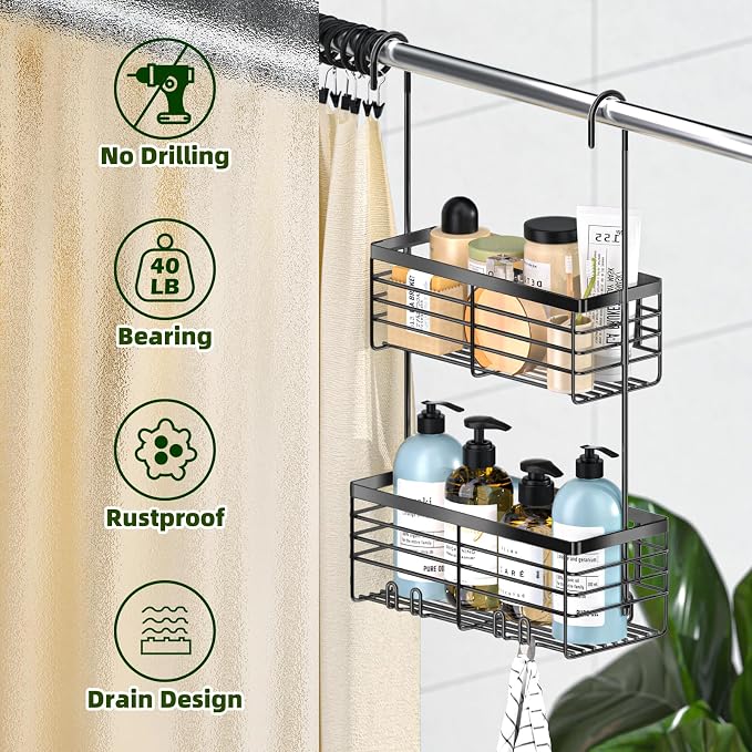 YUOROS Hanging Shower Caddy, 2 Tier Over the Door Shower Organizer Rack Organizer Stainless Steel Rustproof (Black)