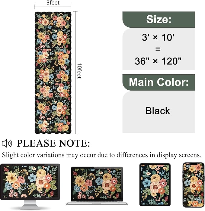 DUKINO 3x10 Washable Runner Rug, Non Slip Floral Ultra Soft Runner for Hallway, Lightweight Low Pile & Stain Resistant Long Throw Carpet for Kitchen, Bathroom, Entrance, Bedroom, Kids Room, Black