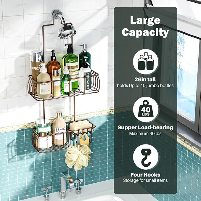 Epicano Shower Caddy Hanging Over Head, Bronze | Rustproof,4 Hooks for Towels,Sponge and & Bathroom Accessories,Anti-Swing Suction Cups & Adhesive hooks