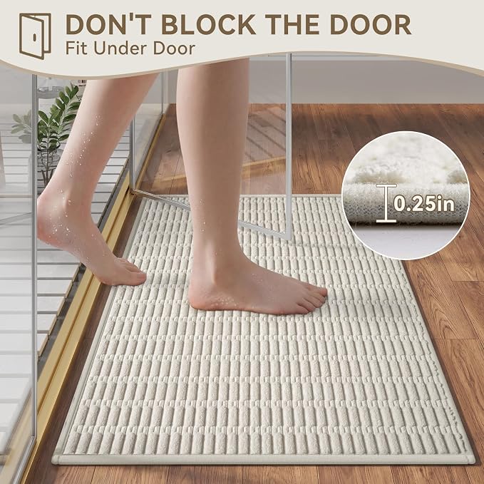 Non-Slip Bath Mat with Rubber Backing, Washable Thin Bath Mats for Bathroom Floor, Absorbent Bathroom Rugs, Quick Dry, Fits Under Door Beige 20x32