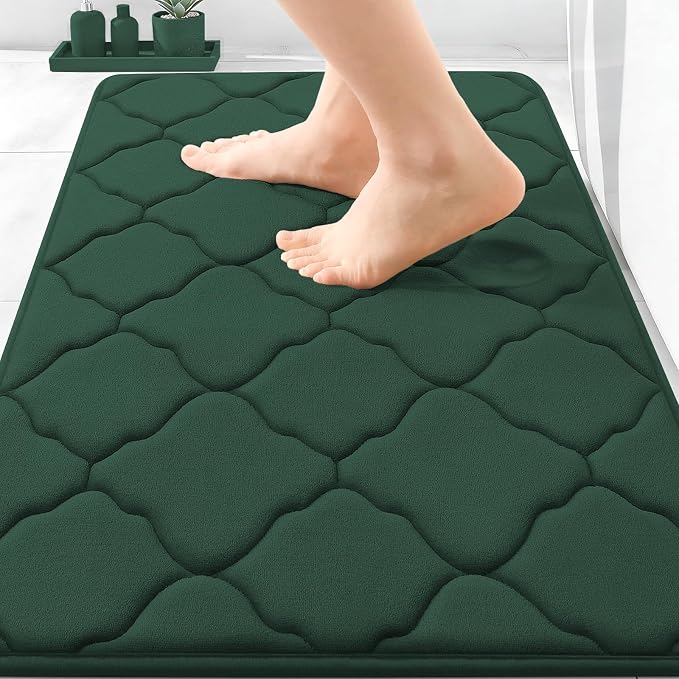 OLANLY Memory Foam Bath Mat Rug 30x20, Ultra Soft and Absorbent Bathroom Rugs, Non-Slip, Comfortable, Machine Washable Bath Carpet for Bathroom Floor, Tub Shower and Home Decor Accessories, Dark Green