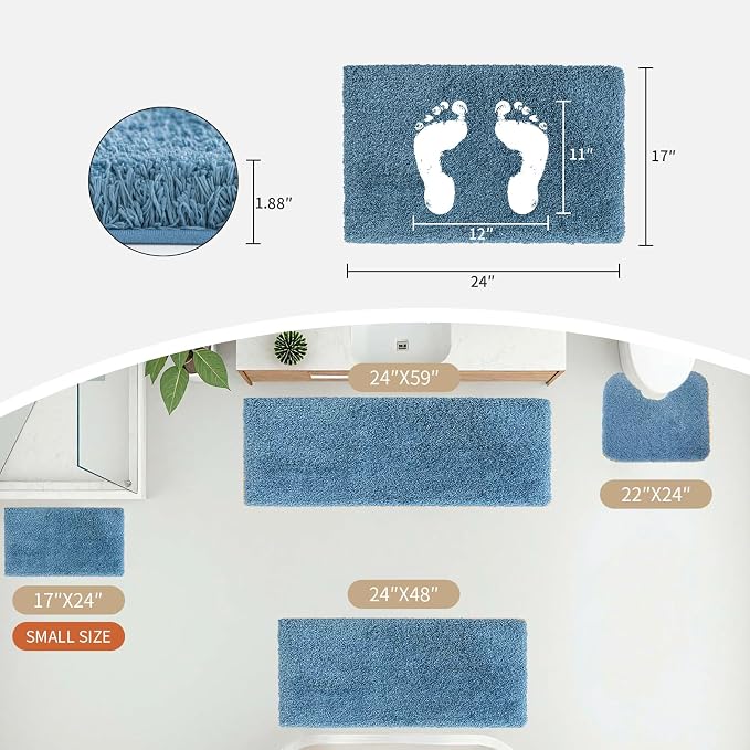 Disolla Blue Bathroom Rug 17x24 - Non-Slip Plush Small Bath Mat, Highly Absorbent & Ultra Soft Fluffy Floor Mat, Machine Washable for Shower and Tub
