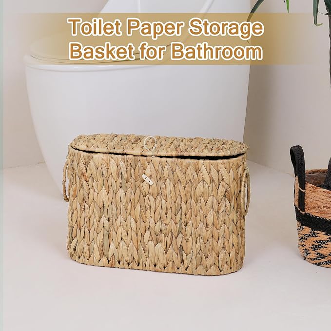 efluky Toilet Paper Storage Basket, Water Hyacinth Slim Toilet Paper Holder with Lid- Holds Up to 9 Mega Rolls, Home Bathroom Decor Organizer