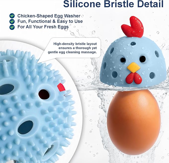 Egg Washer for Fresh Eggs, Egg Scrubber for Fresh Eggs, Reusable Silicone Chicken Shaped Scrubs, Chicken Egg Cleaner, Eggshell Cleaner for Poultry Farm, Housewife Kitchen Helper Tool (Blue Chick Cap)