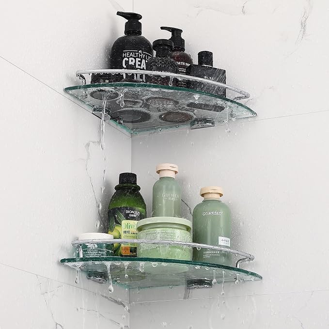 2 Ties Glass Corner Shelf with SUS 304 Stainless Steel Rail Chrome Finished, Esquinero para baños, Rustproof Tempered Glass Shelf, Shower Caddy Organizer 9.8" x 9.8"