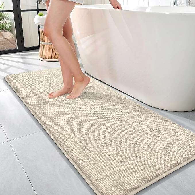 OLANLY Thick Memory Foam Bathroom Runner Rugs 47x17, Extra Soft Absorbent Long Bath Rug, Quick Dry Bath Mats, Non-Slip, Machine Washable Mat for Bathroom, Tub and Shower, Home Decor Accessories, Sand