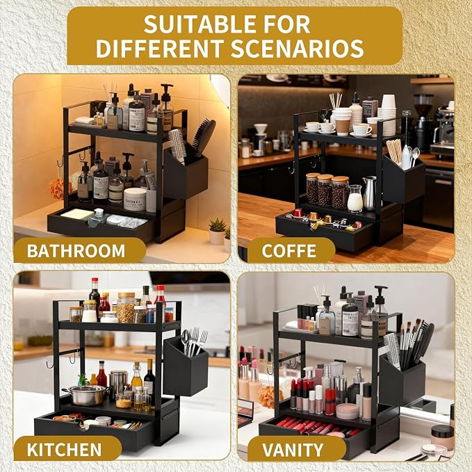 2-Tired Bathroom Counter Organizers and Storage, Coffee Bar Organizer with Drawer, Solid Wood Skincare Perfume Organizer for Vanity Kitchen Corner Shelf Office Countertop (Black)