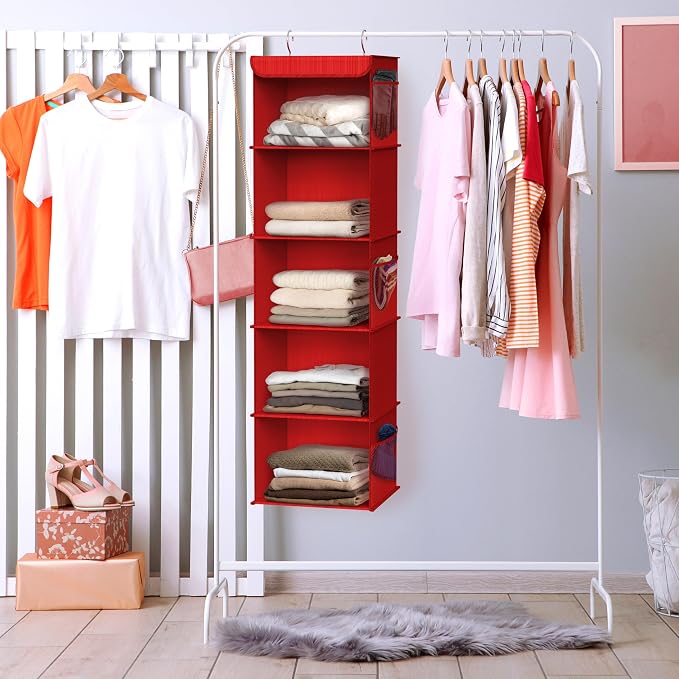 Simple Houseware 5 Shelf Hanging Closet Organizer, Red