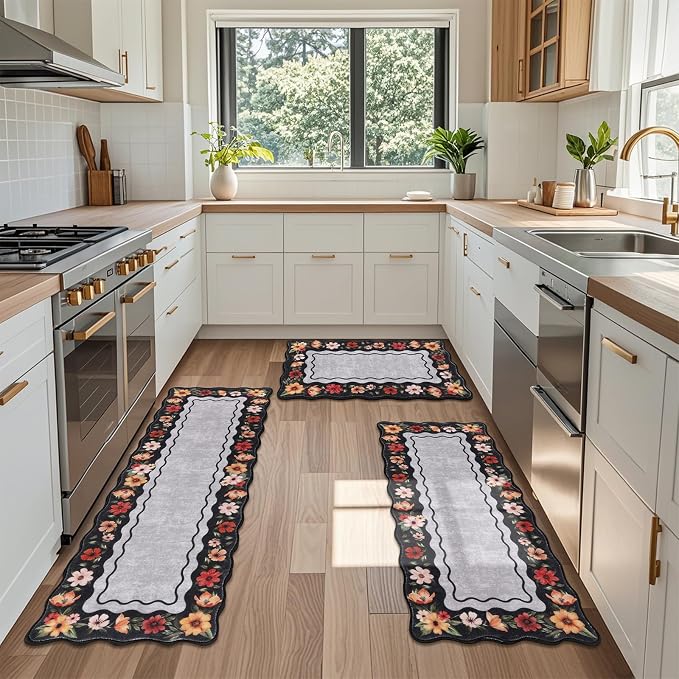 Vaukki Boho Kitchen Rug Sets 3 Pieces, Washable Kitchen Mats for Floor, Non Slip Soft Kitchen Area Rug Floor Mat for Kitchen, Laundry Room and Hallway (Flower-Black, 20''x32''+20''x47''+20''x59'')