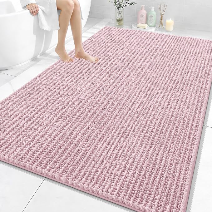 OLANLY Bathroom Rug Mat 70x46, Thick Soft and Absorbent Chenille Bath Mat, Non-Slip Rubber Backing, Machine Washable Quick Dry Bath Rugs for Tub Shower Floor, Home Decor Accessories, Dusty Rose