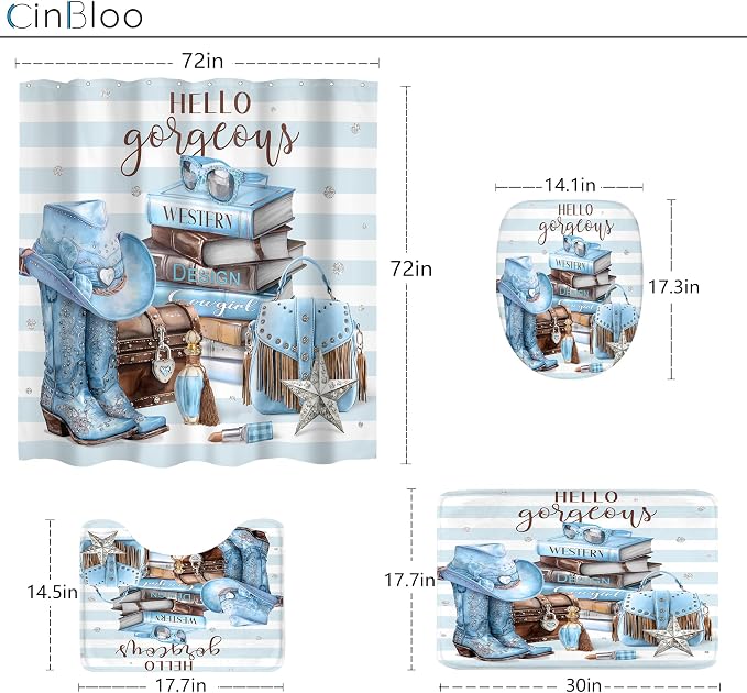 4Pcs White Blue Brown Shower Curtain Set, Western Cowgirl Fashion Diamond Boots Striped Hats Bathroom Curtain with Rug, Toilet Lid Cover, Bath Mat, Women Girls Shower Curtain with 12 Hooks