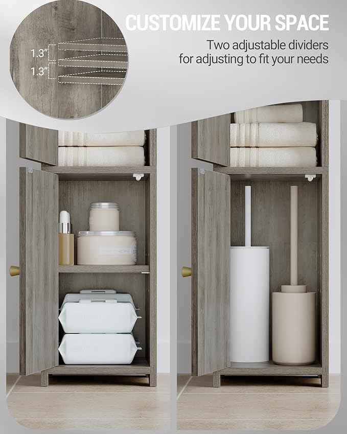 Hzuaneri Bathroom Storage Cabinet, Small Corner Floor Cabinet with 2 Doors and Adjustable Shelf, Narrow Toilet Paper Cabinets, Bathroom Organizer for Small Spaces, 7.9" D x 7.9" W x 29.5" H Greige