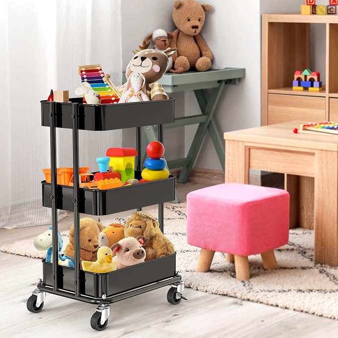 Simple Houseware 3-Tier Compact Utility Rolling Cart, Low 24” Height Fits Under Desk, Space-Saving Storage for Home Office, Dining Room, or Kitchen, Black