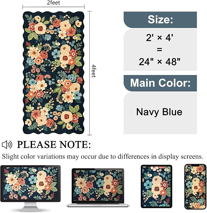 DUKINO 2x4 Washable Runner Rugs, Non Slip Floral Print Entryway Rug with Soft Low Pile, Lightweight Mat for Living Room, Bathroom, Bedroom, Kitchen, Navy Blue