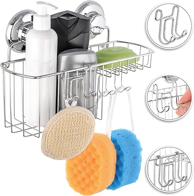 HASKO Shower Caddy Suction Cup, Shower Shelf with Soap Dish and Hooks Organizer, Suction Bathroom Shelf for Storage, Wall Mounted Basket (Polished Stainless Steel SS304)