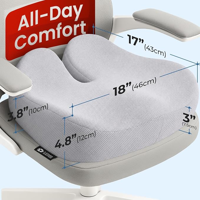 5 STARS UNITED Seat Cushion - Memory Foam Chair Cushion for Tailbone Pain Relief - Ergonomic Support for Coccyx, Sciatica & Butt - Office, Desk & Gaming Chair, Car Seat, Wheelchair, Light Gray Mesh